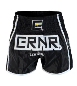 Combat Corner Black/White CRNR Muay Thai Shorts -Martial Arts Equipment CRNR MUAY THAI SHORTS BLACK WHITE FRONT 600x675 1