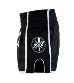 Combat Corner Black/White CRNR Muay Thai Shorts -Martial Arts Equipment CRNR MUAY THAI SHORTS BLACK WHITE SIDE 1 600x675 1