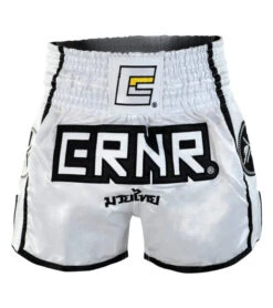 Combat Corner White/Black CRNR Muay Thai Shorts 7 Combat Corner White/Black CRNR Muay Thai Shorts -Martial Arts Equipment CRNR MUAY THAI SHORTS WHITE BLACK FRONT 600x675 1